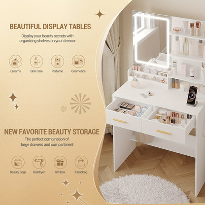 Kaptafel – Make-up tafel – Sieradendoos – Spiegelkast – Opbergmeubel – Wit – Verstelbare LED-verlichting – 2 Stopcontacten & 2 USB-poorten
