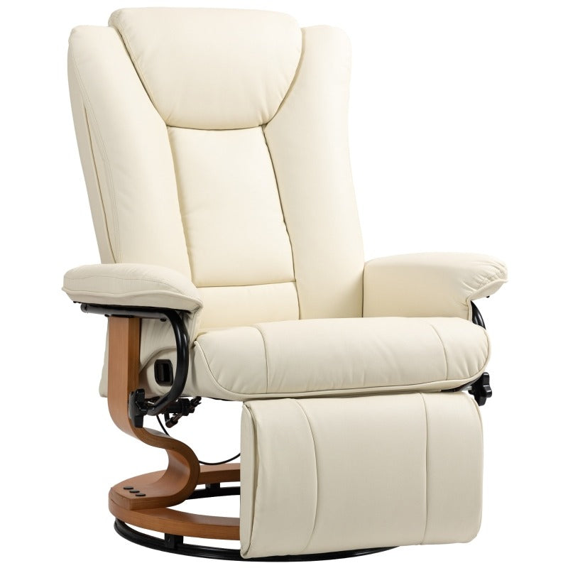 HOMCOM Cream White Faux Leather Swivel Recliner Chair with Ottoman - 360° Rotating Massage Lounge Chair, Heavy-Duty 150kg Capacity, Adjustable Reclining Mechanism, Sturdy Metal Frame, No Assembly Required, for Living Room &