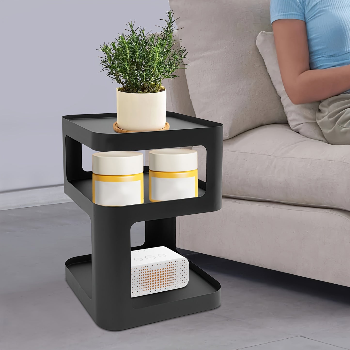Nachtkastje – Bijzettafel – Ladekastje – Houten Kastje – Wandkast – 3 Lagen – Zwart Metalen Carbonstaal – Compact 40x40x55 cm