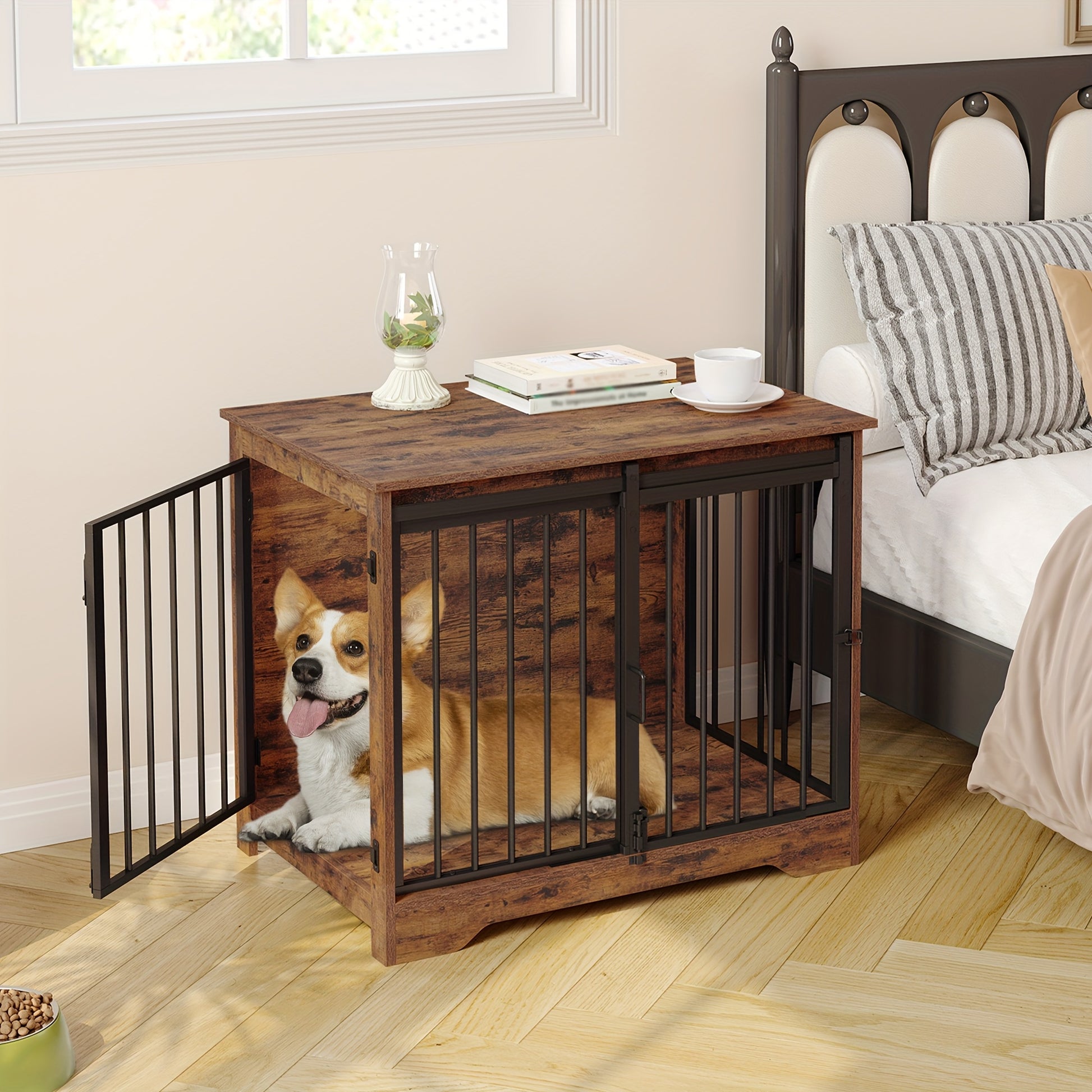 Wooden Dog Crate Furniture with Barn Door & Dual Lock - Escape-Proof Chewproof Kennel Suitable for Small/Medium Dogs, Rustic Brown Multi-Functional End Table/ Table/Bedside Cabinet - Space-Saving Indoor Dog House - QUORE