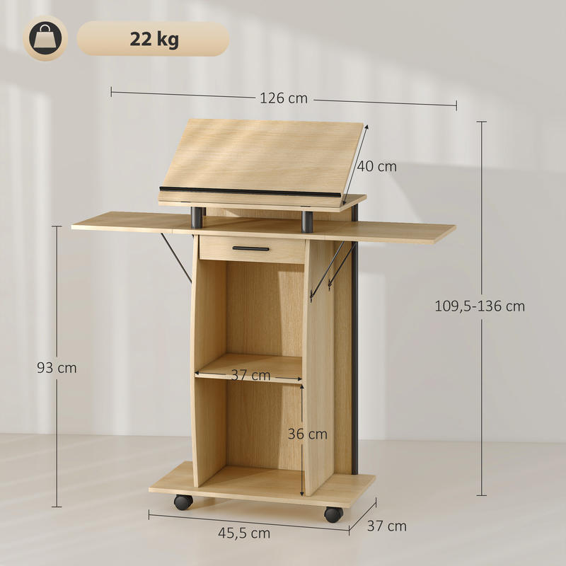 Sprekerstafel – Podium – Lectern – Rollend Presentatiegestoelte – Praatgestoelte – Inklapbare Zijvleugels – Lade & Opbergruimte – Donker Eikenhout Look