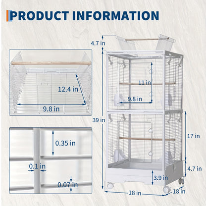 2-in-1 Travel Bird Cage & Playground Stand with 2-Level Parrot Carrier - 111.76cm White Portable Bird aviary for medium/small birds, Lockable Wheels, Removable Grid, Slide-Out Tray, Perches & Feeding Cups - Ideal for, Vet Vis
