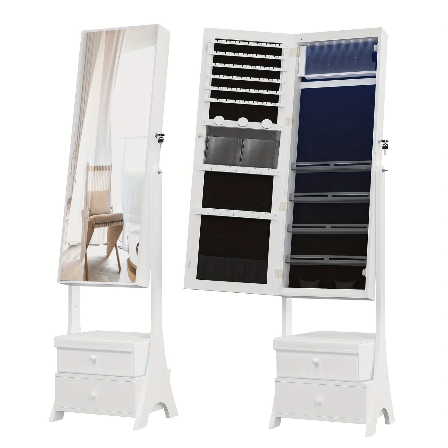 Sieradekastje – Sieradenkast – Jewelry Organizer – Sieradenopberger – Sieradenrek – Vrijstaand – Wit met Zwarte Velvet Voering – Grote Frameloze Spiegel – 90 Vakjes en Slot