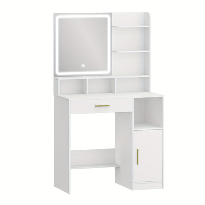 Kaptafel – Make-up Tafel – Opmmaaktafel – Vanity – Cosmetictafel – Met Spiegel en LED-verlichting – 3 Lade & 4 Vakken – 3 Lichtstanden – Wit 80x40x140 cm