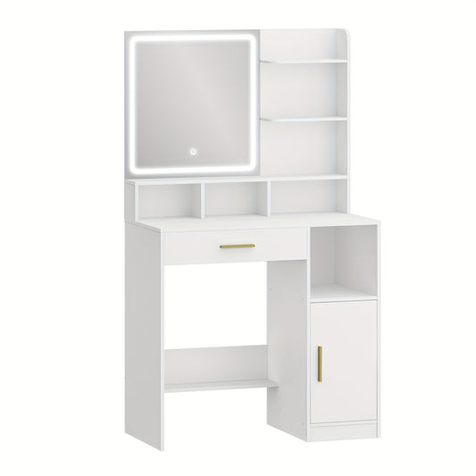 Kaptafel – Make-up Tafel – Opmmaaktafel – Vanity – Cosmetictafel – Met Spiegel en LED-verlichting – 3 Lade & 4 Vakken – 3 Lichtstanden – Wit 80x40x140 cm