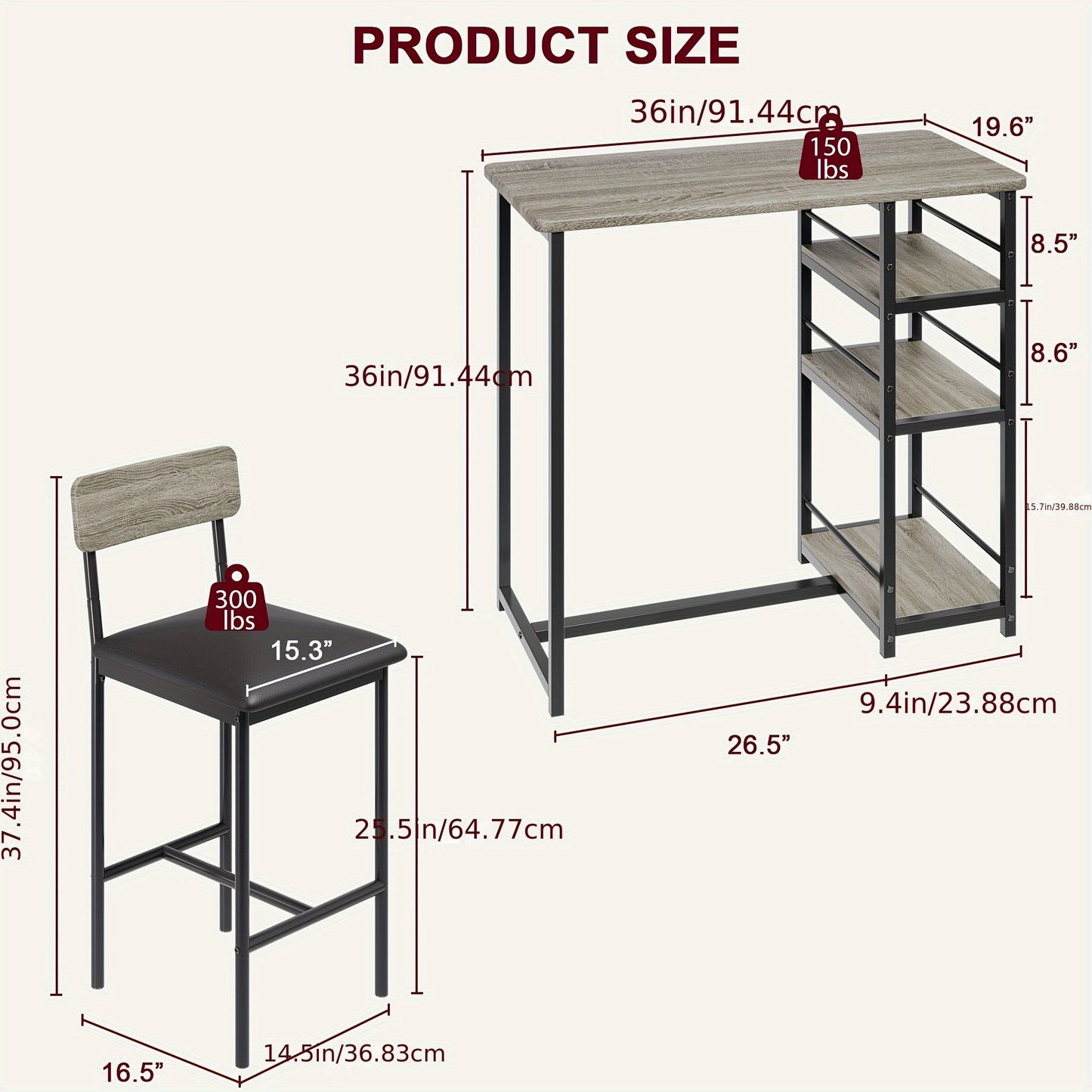 Eettafelsetje 2 Personen – Bartafel Set – Barkrukken Gestoffeerd – Keukentafel Compact – Appartement Meubilair – Opbergruimte 3 Planken – Metaal MDF Coating