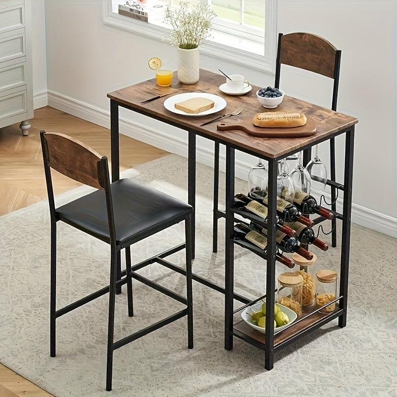 Dining Bar Table Set for 2 with Wine Rack and Storage Shelf, Bar Counter Table with 2 Footrest Chairs, Dining Table Set for 2, High Top Table and Chairs for 2 with Upholstered Chairs, 119.38cm Table