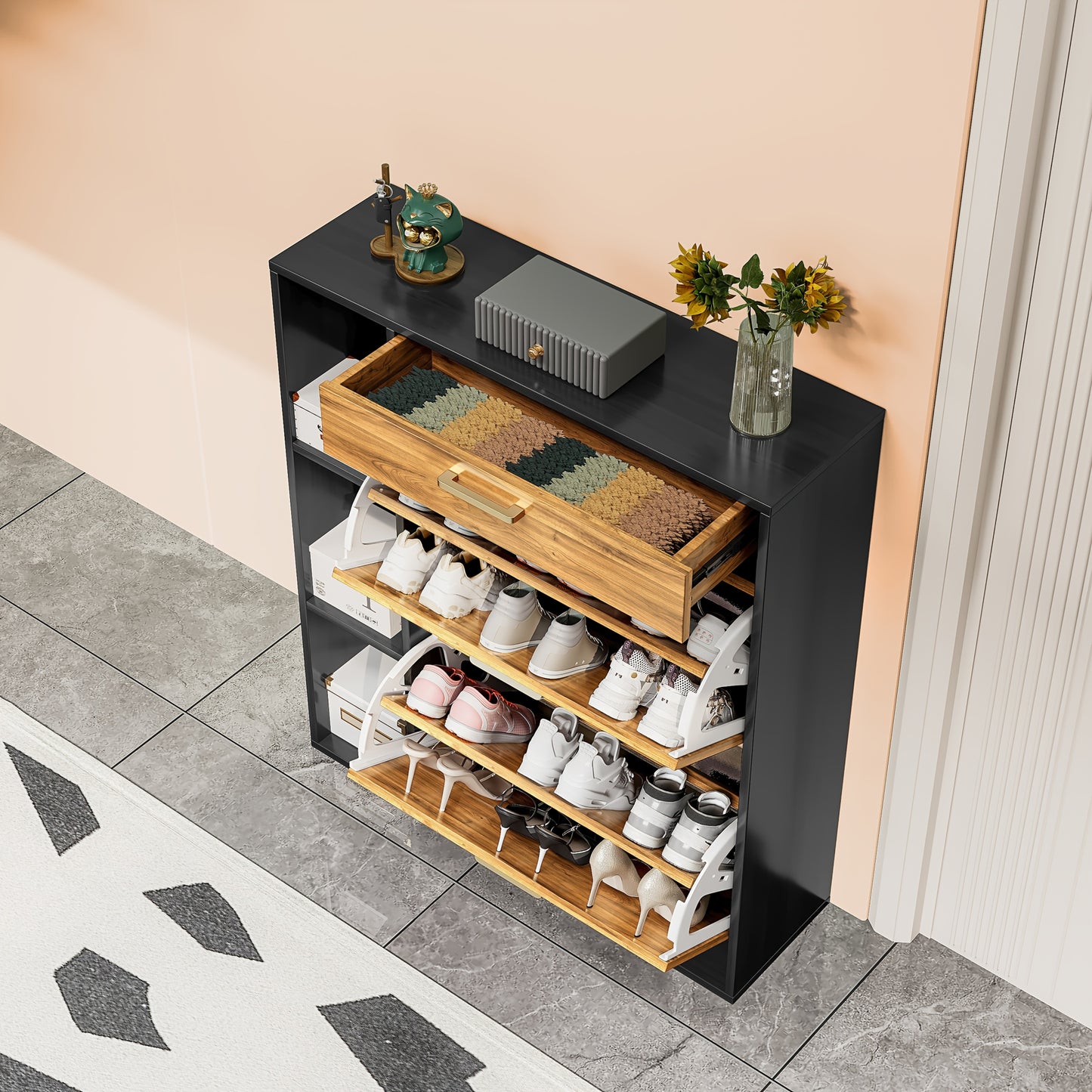 Houten Schoenenkastje – Schoenopberger – Schoenenrek – Schoenentoren – Schoenendisplay – Zwart – 2 Klapladen – Geschikt Voor 12-15 Paar Schoenen