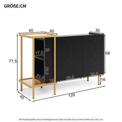 BTM Sideboard Cabinet with 2 Doors & 2 Open Shelves (Sideboard, Dresser, Storage Cabinet), Metal Frame, Glass Top, 120×40×77.5 Cm