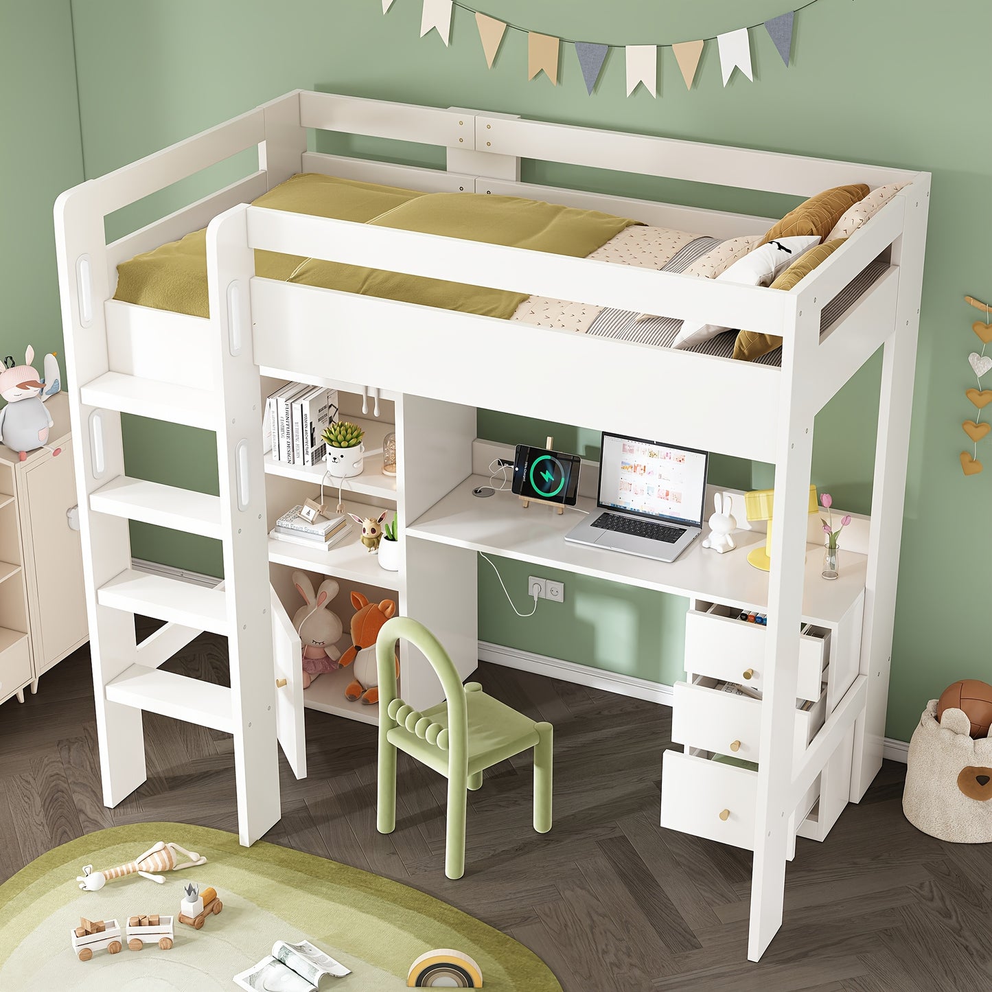 Loft Bed, Desk, Wardrobe And Filing Cabinet with Stairs And Slatted Shelves, Storage Space, 90 X 200, Mattress Not Included