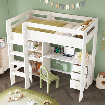 Loft Bed, Desk, Wardrobe And Filing Cabinet with Stairs And Slatted Shelves, Storage Space, 90 X 200, Mattress Not Included