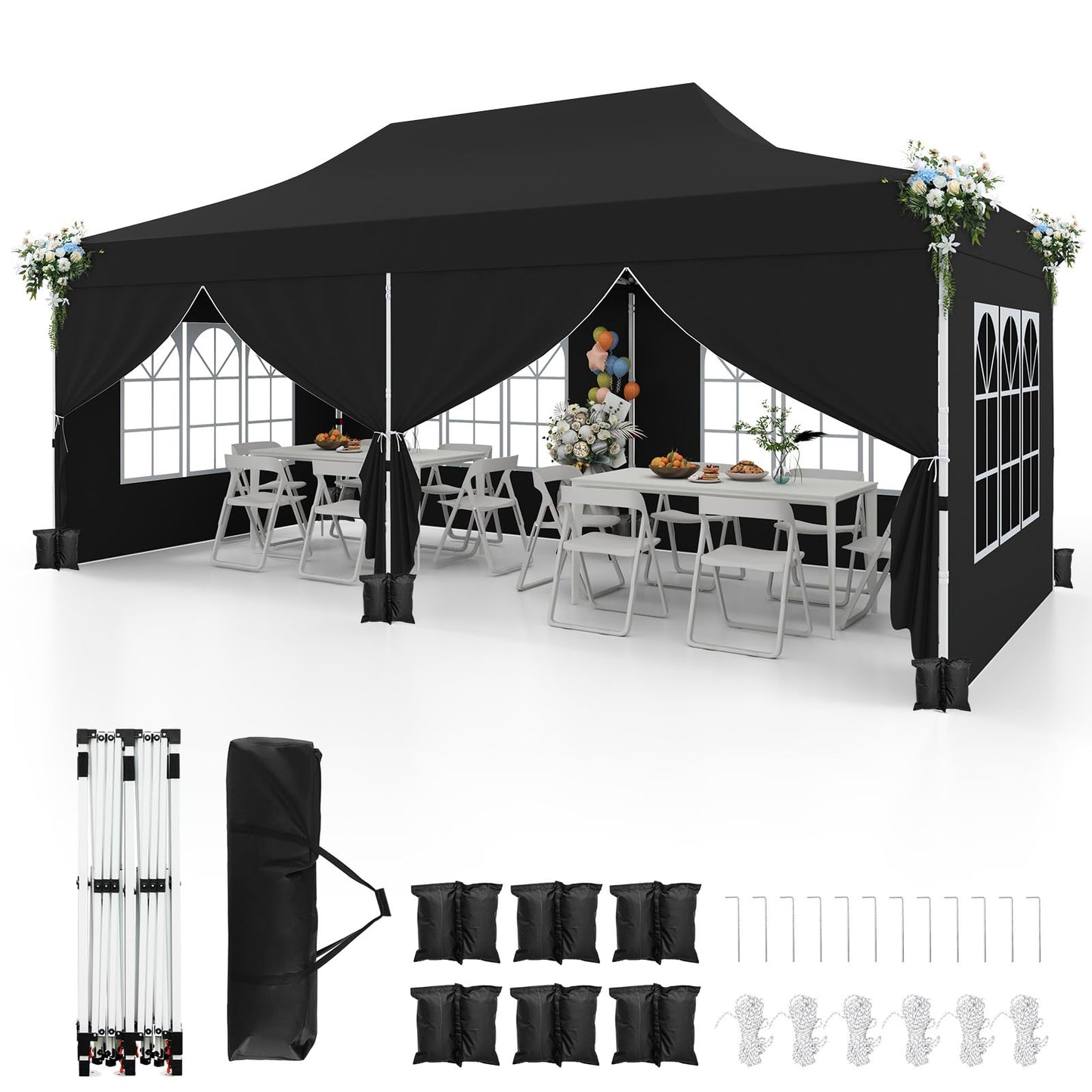 Paviljoen – Tuinpaviljoen – Partytent – Tenten – Evenementen Tent – 3 x 6 m – Waterdicht Oxford Stof met UV-bescherming 50+ – Inclusief 6 Zijwanden en 6 Zandzakken – Zwart