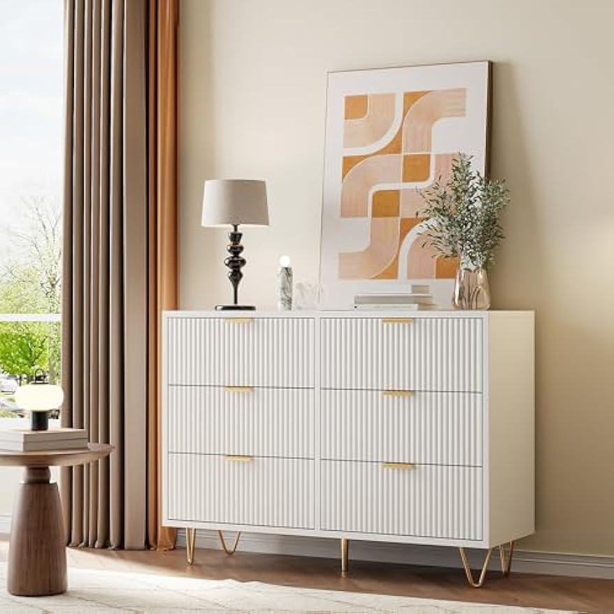 Ladekast – Ladenkast – Commode – Opbergkast – Dressoir – Wit Cannelé Design – 6 Lades – Compact 100x34x73 cm – MDF Met Houten Details