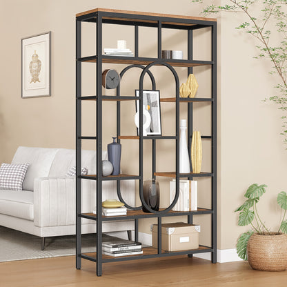 Boekenkast – Vakkenkast – Staande Plank – Roomdivider – Opbergkast – Vintage Bruin-Zwart – 7 Lagen Met 9 Planken – Stevig Stalen Frame 30x100x180 cm