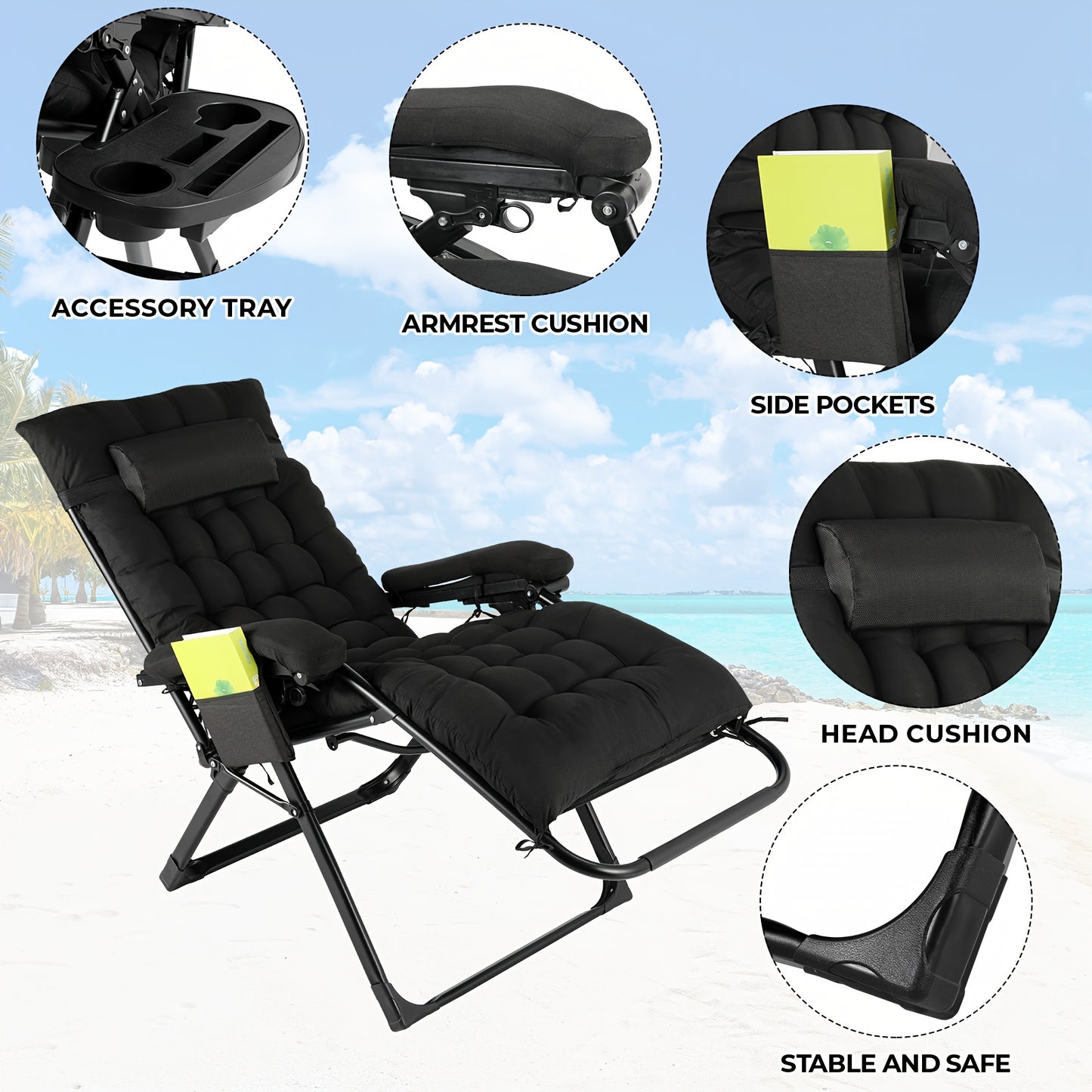 Tuinstoelen – Vouwstoelen – Ligstoelen – Tuinstoelset – Campingstoelen – Extra Groot – Verstelbare Rugleuning Met Hoofdsteun – Zwart Geborsteld Stof
