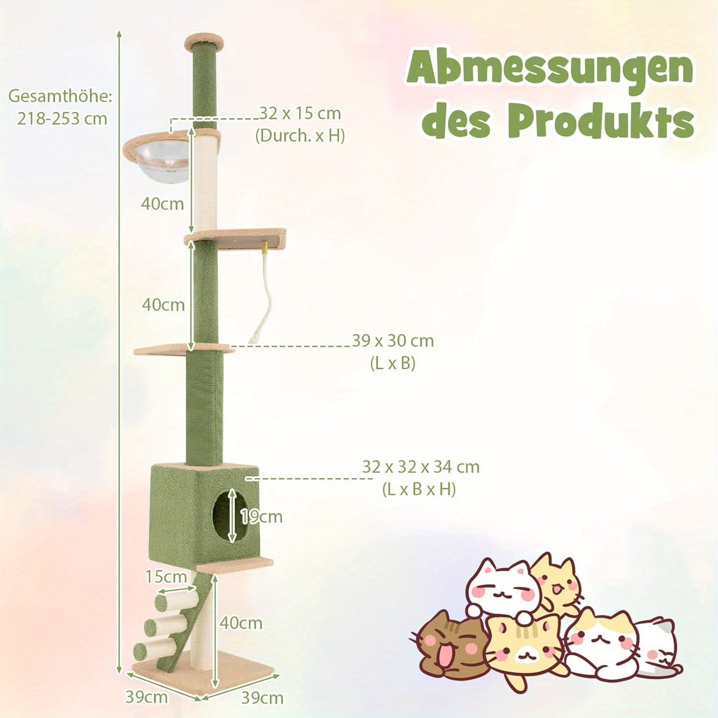 Krabpaal – Kattenboom – Krabmeubel – Kattentoren – Krabpalen – Verstelbare Hoogte 218-253 cm – Met Cave & Ruimtecapsule