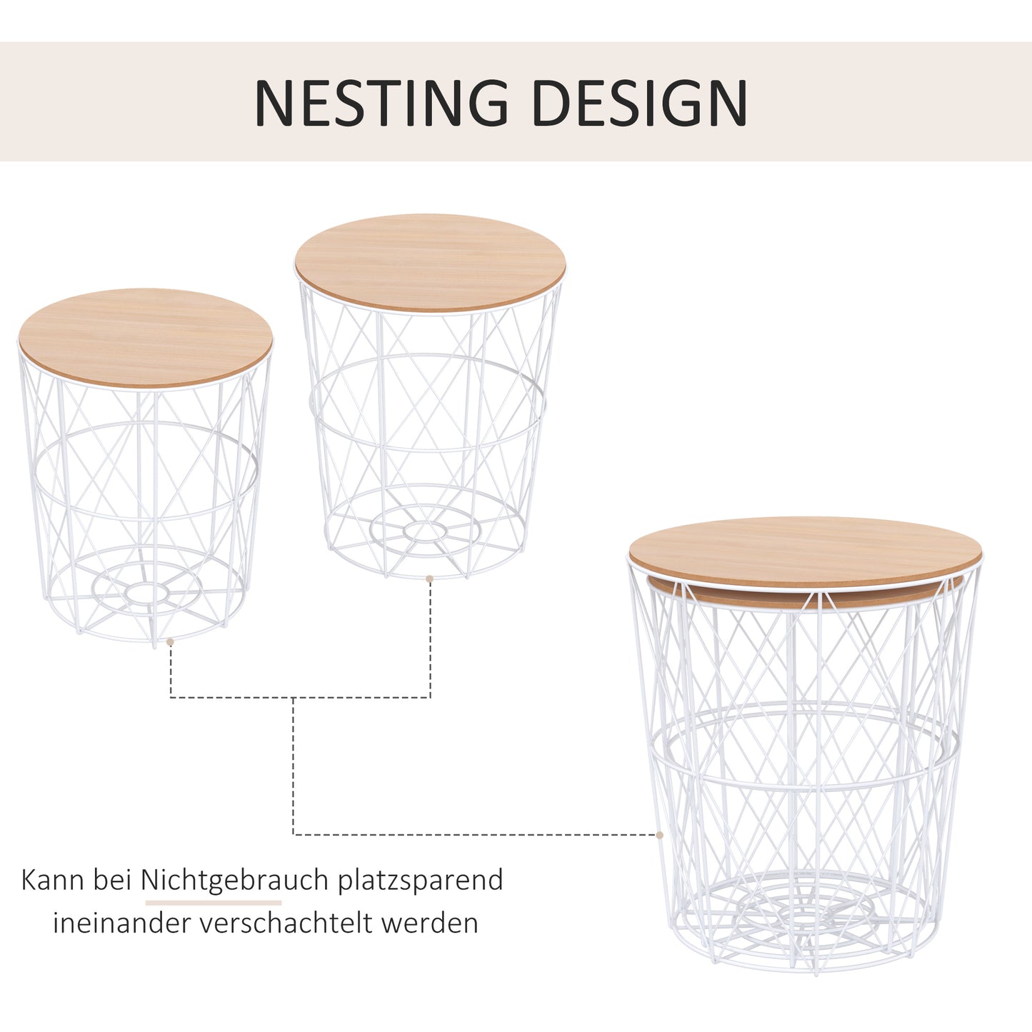 Salontafelset – Bijzettafel – Koffietafel – Woonkamertafel – Ronde Tafels – Met Afneembaar Houten Blad – Stevig Wit Metalen Frame
