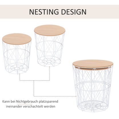 Salontafelset – Bijzettafel – Koffietafel – Woonkamertafel – Ronde Tafels – Met Afneembaar Houten Blad – Stevig Wit Metalen Frame