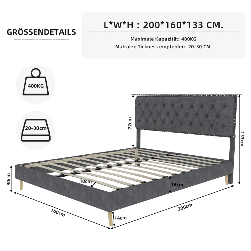 Boxspringbed – Boxspring – Tweepersoonsbed – Slaapkamerbed – Bedframe – Zacht Hoofdbord – Stof & Metaal – 160x200 cm – Ruimtebesparend Design – Stevig Frame