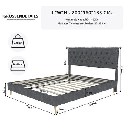 Boxspringbed – Boxspring – Tweepersoonsbed – Slaapkamerbed – Bedframe – Zacht Hoofdbord – Stof & Metaal – 160x200 cm – Ruimtebesparend Design – Stevig Frame