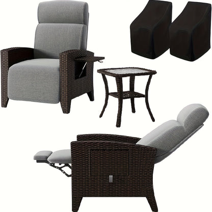 2pcs Brown PE Rattan Sofa Set with Coffee Table & Dust Cover - All-Weather Outdoor Furniture, 160° Flat Recline & Extendable Footrest, Cushioned Comfort, UV-Resistant Wicker Patio Lounge Set for Balcony, Garden, Poolside - E