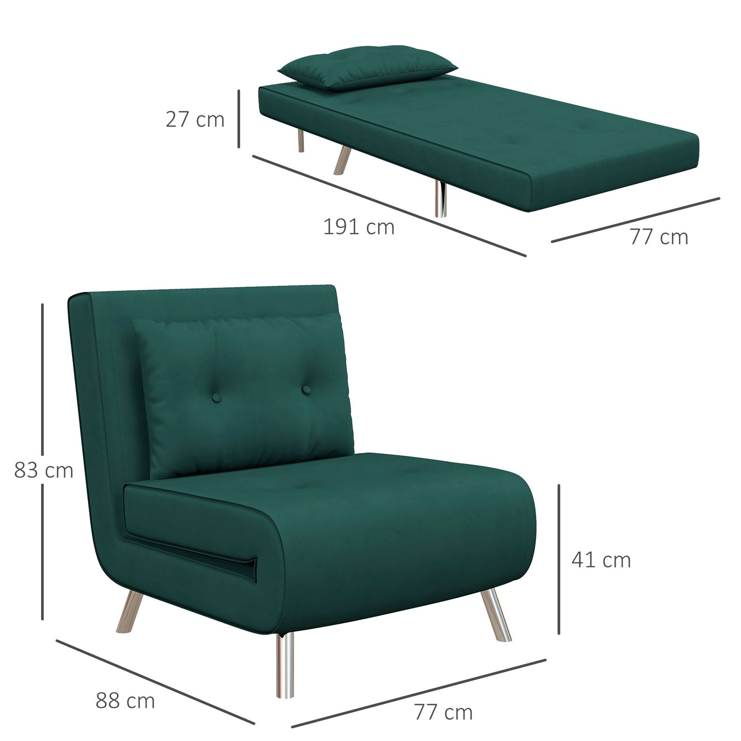 Slaapfauteuil – Relaxstoel – Bedfauteuil – Gastenbed – Velours Fauteuil – Donkergrijs – 3-stand Verstelbare Rugleuning – Compact 77x88x83 cm