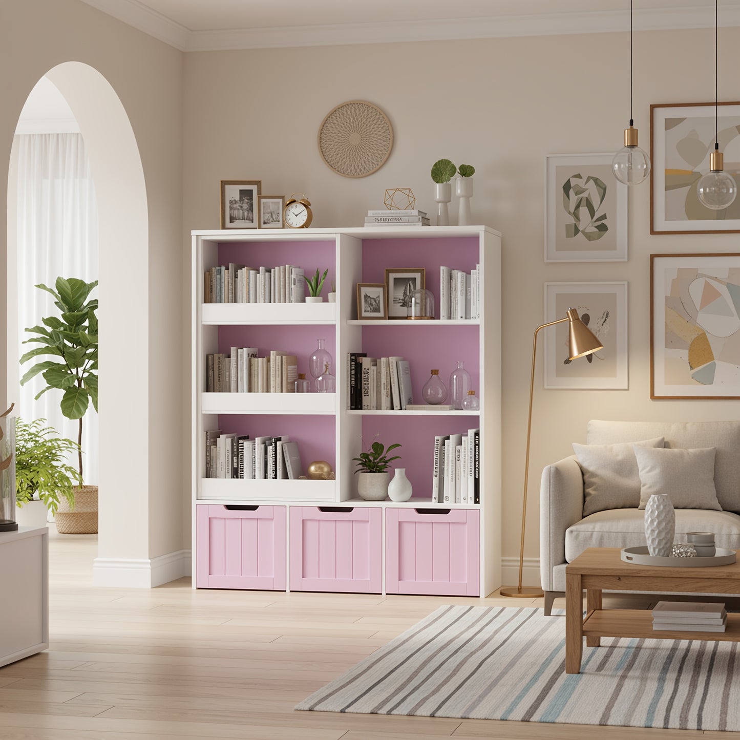 Boekenkast – Boekplank – Opbergkast – Wandkast – Boekrek – Mobiele kast met wieltjes – 4 lagen met lades – Wit duurzaam hout – Eenvoudig te monteren