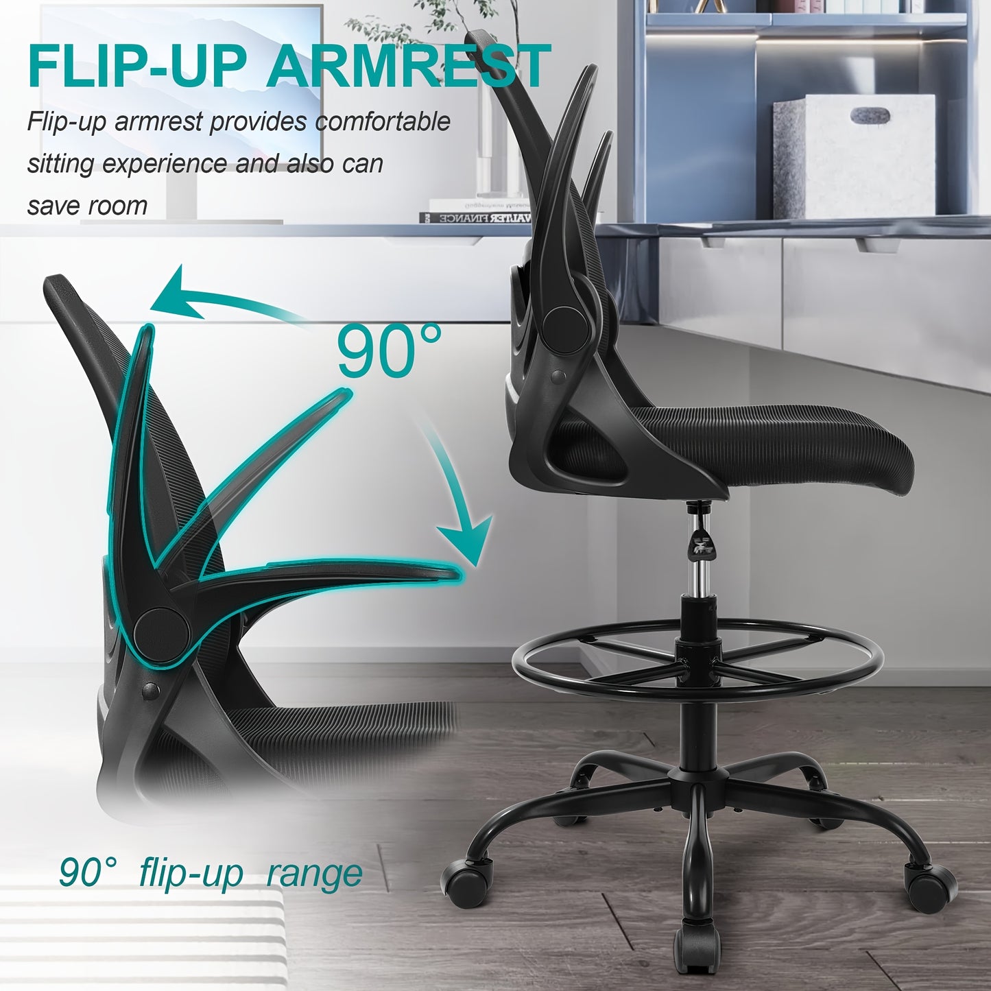 KERDOM Ergonomic High-Back Swivel Drafting Chair - Breathable Mesh Office Chair with Lumbar Support, Adjustable Footrest Ring & Flip-Up Armrests, 360° Swivel Metal Base for Home Office, Art Studio, Standing Desk, Ergonomic O