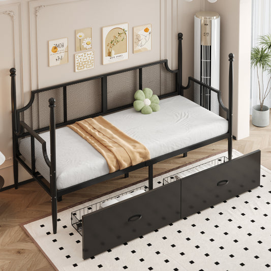 Ijzeren Bed – Metalen Bed – Eenpersoonsbed – Kinderbed – Tienerbed – Vintage Stijl – 90x200 cm – Met Verhoogde Rug- en Armleuningen – Praktische Opbergruimte