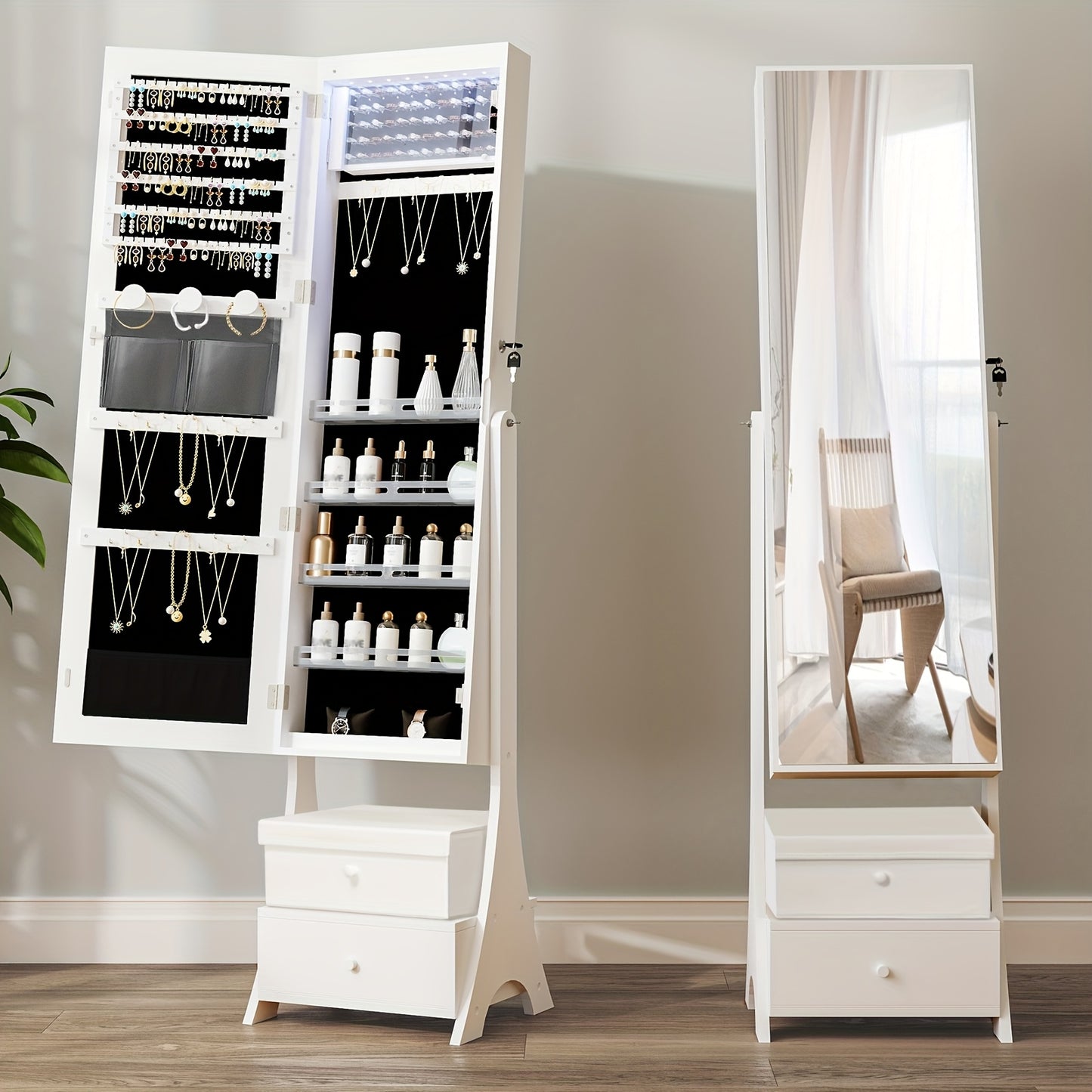 Sieradekastje – Sieradenkast – Jewelry Organizer – Sieradenopberger – Sieradenrek – Vrijstaand – Wit met Zwarte Velvet Voering – Grote Frameloze Spiegel – 90 Vakjes en Slot