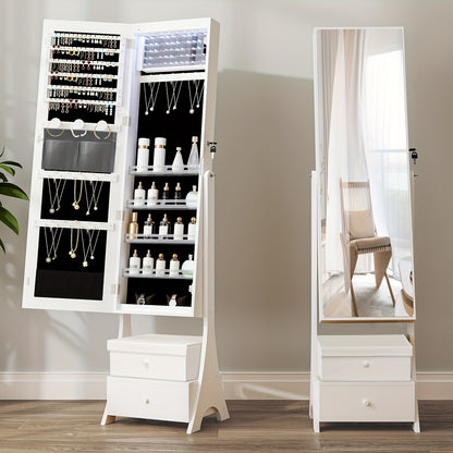 Sieradekastje – Sieradenkast – Jewelry Organizer – Sieradenopberger – Sieradenrek – Vrijstaand – Wit met Zwarte Velvet Voering – Grote Frameloze Spiegel – 90 Vakjes en Slot