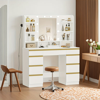 Make-up Tafel – Kaptafel – Visagie Tafel – Beauty Tafel – Make-up Bureau – Met 10 LED Lichtbollen – Grote HD Spiegel – Wit – Veel Opbergruimte – Instelbare Helderheid