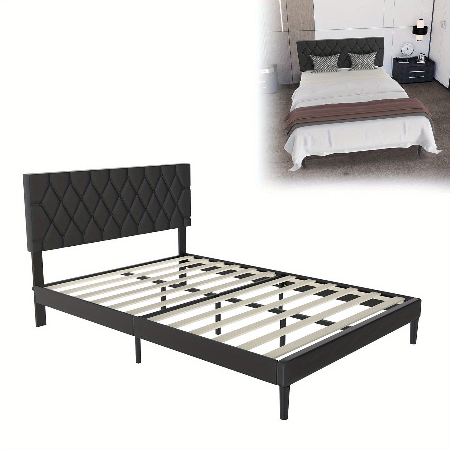 Gestoffeerd Bed – Bedframe – Slaapbed – Ledikant – Platformbed – Zwart Kunstleer – 140x200 cm – Comfortabel Hoofdbord – Stevige Lattenbodem