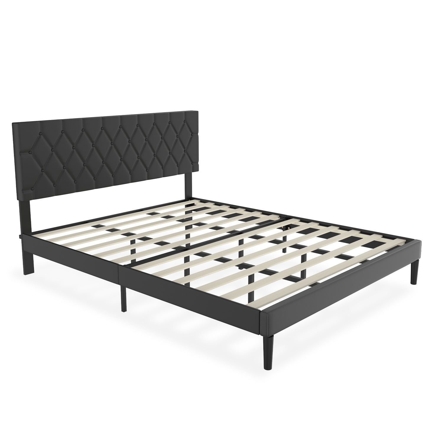Gestoffeerd Bedframe – Tapijtbed – Platformbed – Ledikant – Slaapbank – Zwart Leerlook Hoofdeinde – 160x200 cm – Stevig Metalen Frame