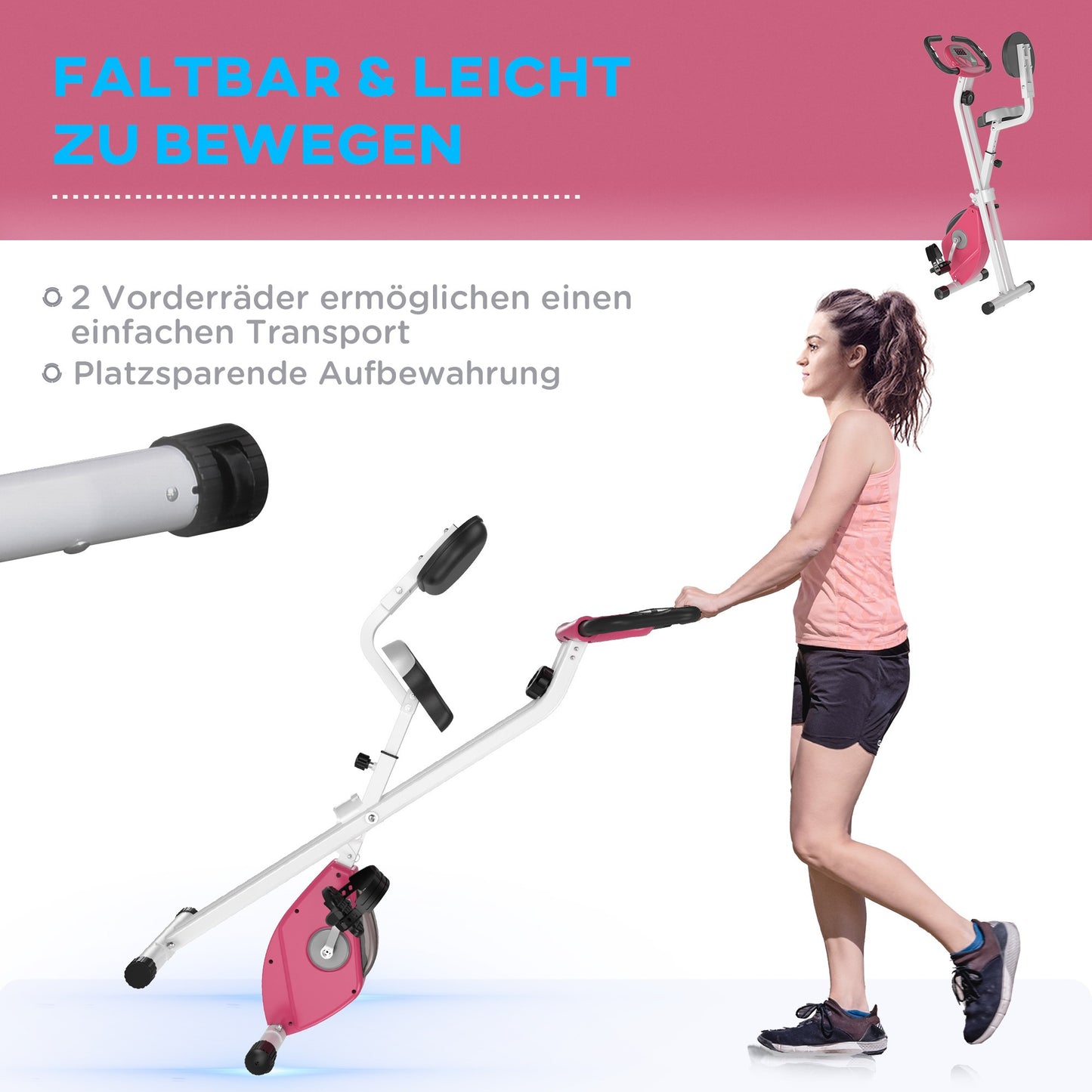Hometrainer – Fitnessfiets – Ergometer – Trapkracht Trainer – Indoor Bike – 8-traps Magnetische Weerstand – Verstelbaar Zitje en Rugleuning – Roze/Wit – Stalen Frame – Compact Opvouwbaar
