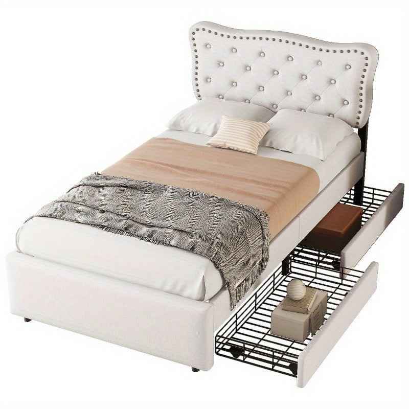 Gepolsterd Bed – Eénpersoonsbed – Slaapbed – Bedframe – Boxspring – Lichtbeige – 90x200 cm – Decoratieve Nagels – Dubbele Lade-opslag