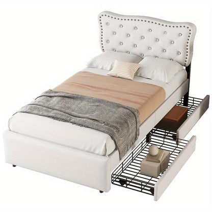 Gepolsterd Bed – Eénpersoonsbed – Slaapbed – Bedframe – Boxspring – Lichtbeige – 90x200 cm – Decoratieve Nagels – Dubbele Lade-opslag