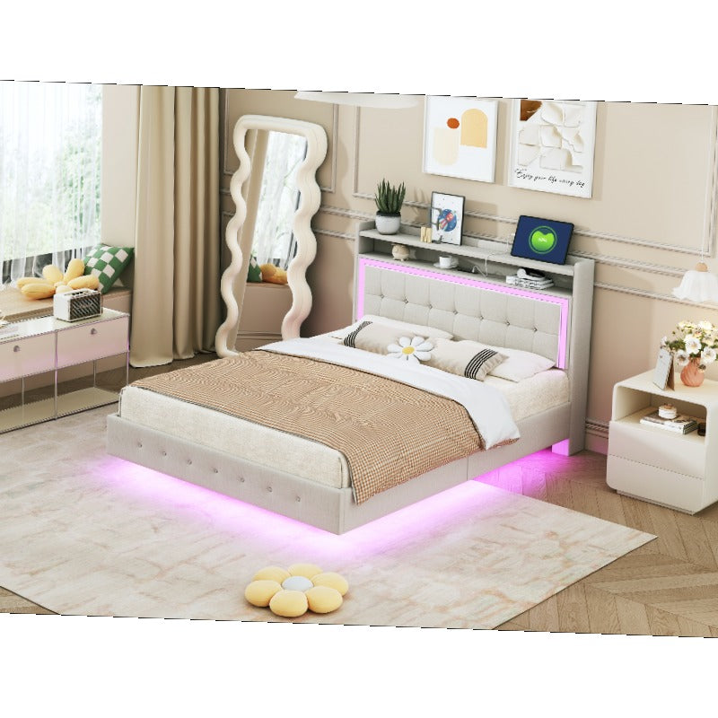 Bed – Eenpersoonsbed – Tweepersoonsbed – Boxspring – Opbergbed – 140x200 cm – Linnen Bekleding – Verborgen Onderstel