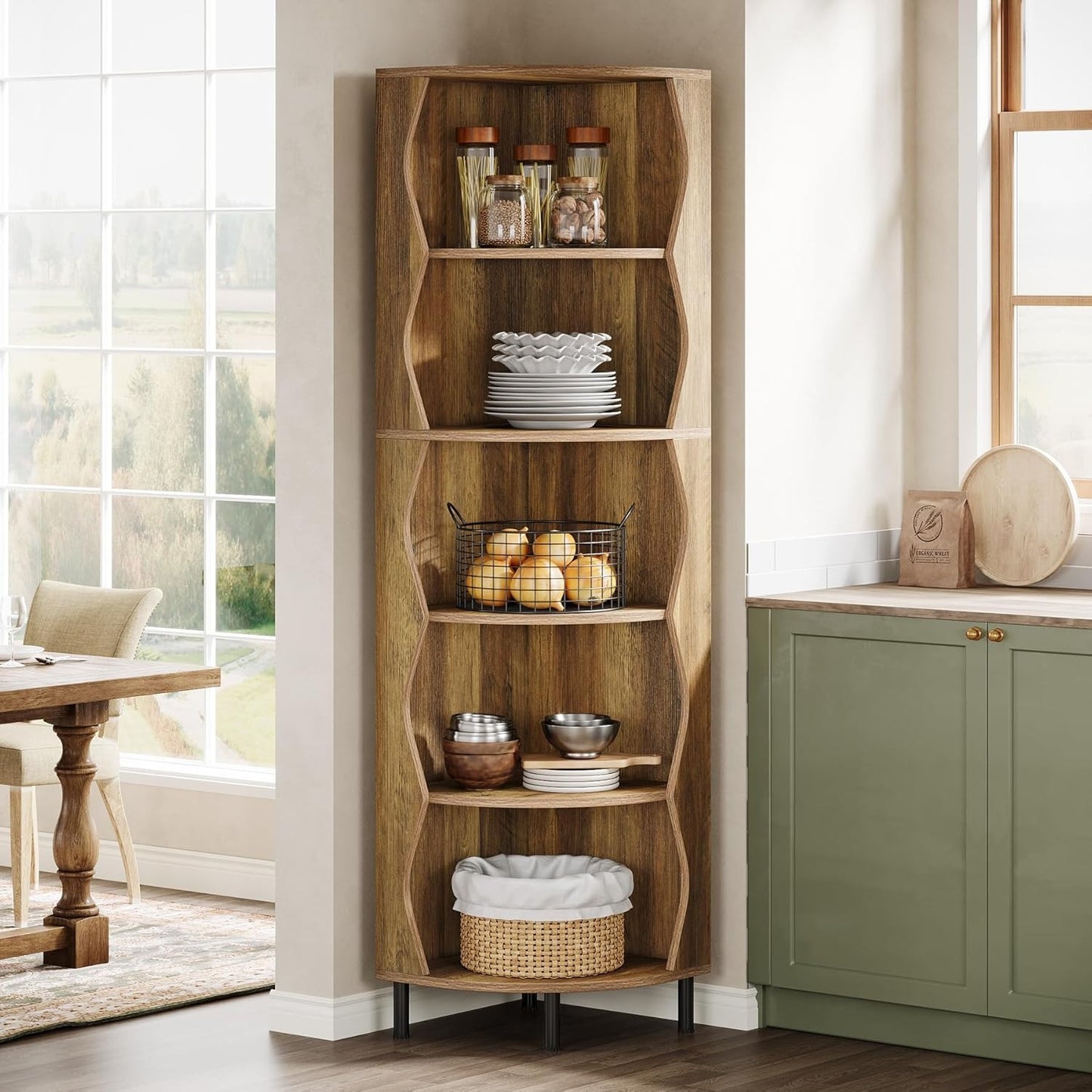Boekenrek – Boekenkast – Boekenplank – Wandrek – Opbergkast – 5-Lagen Hoekplank – Hoog 182 cm – Stevig MDF Metalen Frame – Space-Saving Design Rustiek Bruin