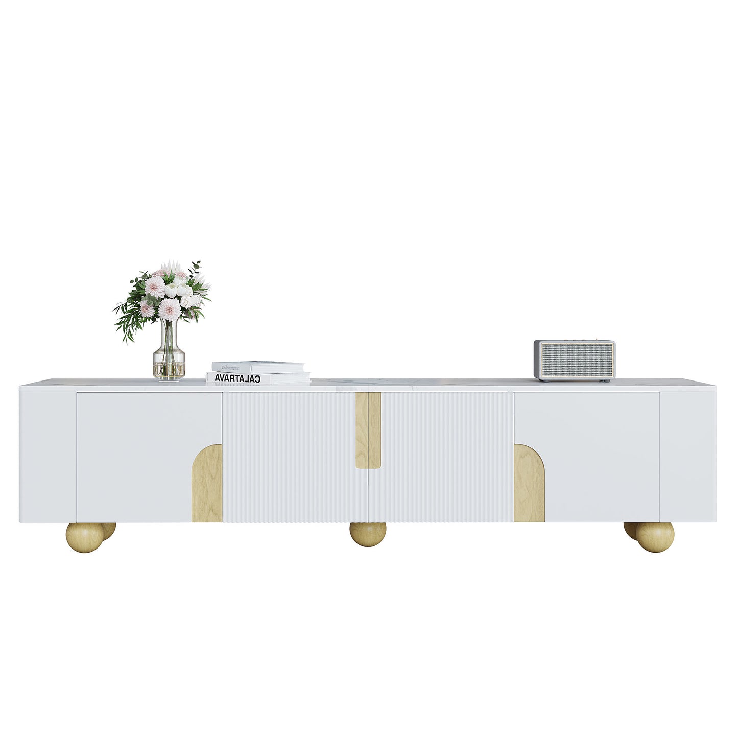 TV-meubel – Tv-kast – Tv-meubelkast – Mediameubel – Dressoir – Wit met houtaccent – 180 cm breed – Marmerlook bovenblad – Vier deuren – Massief houten poten