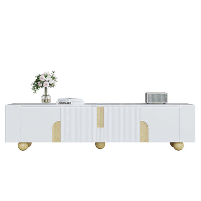 TV-meubel – Tv-kast – Tv-meubelkast – Mediameubel – Dressoir – Wit met houtaccent – 180 cm breed – Marmerlook bovenblad – Vier deuren – Massief houten poten
