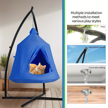 Hangmat voor Katten en Honden – Hangende Tent – Speeltent – Hangkussen – Camping Hangmat – Waterafstotend Oxford Polyester – Draaggewicht 150 kg – Opblaasbaar Kussen – Stevig IJzeren Frame – Grijs met Sterren