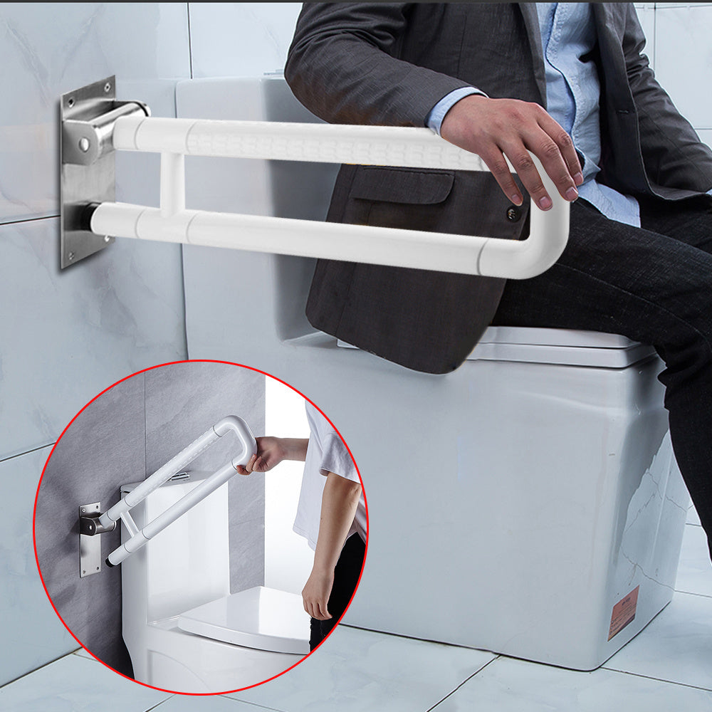 Opklapbare Badkamerhandgreep – Steunbeugel – Wandsteun – Toiletbeugel – Veiligheidsbeugel – Roestvrij Staal – Antislip Oppervlak – 226,8 kg Draagkracht – Ruimtebesparend 90° Flip-Up – Wit – 60 cm