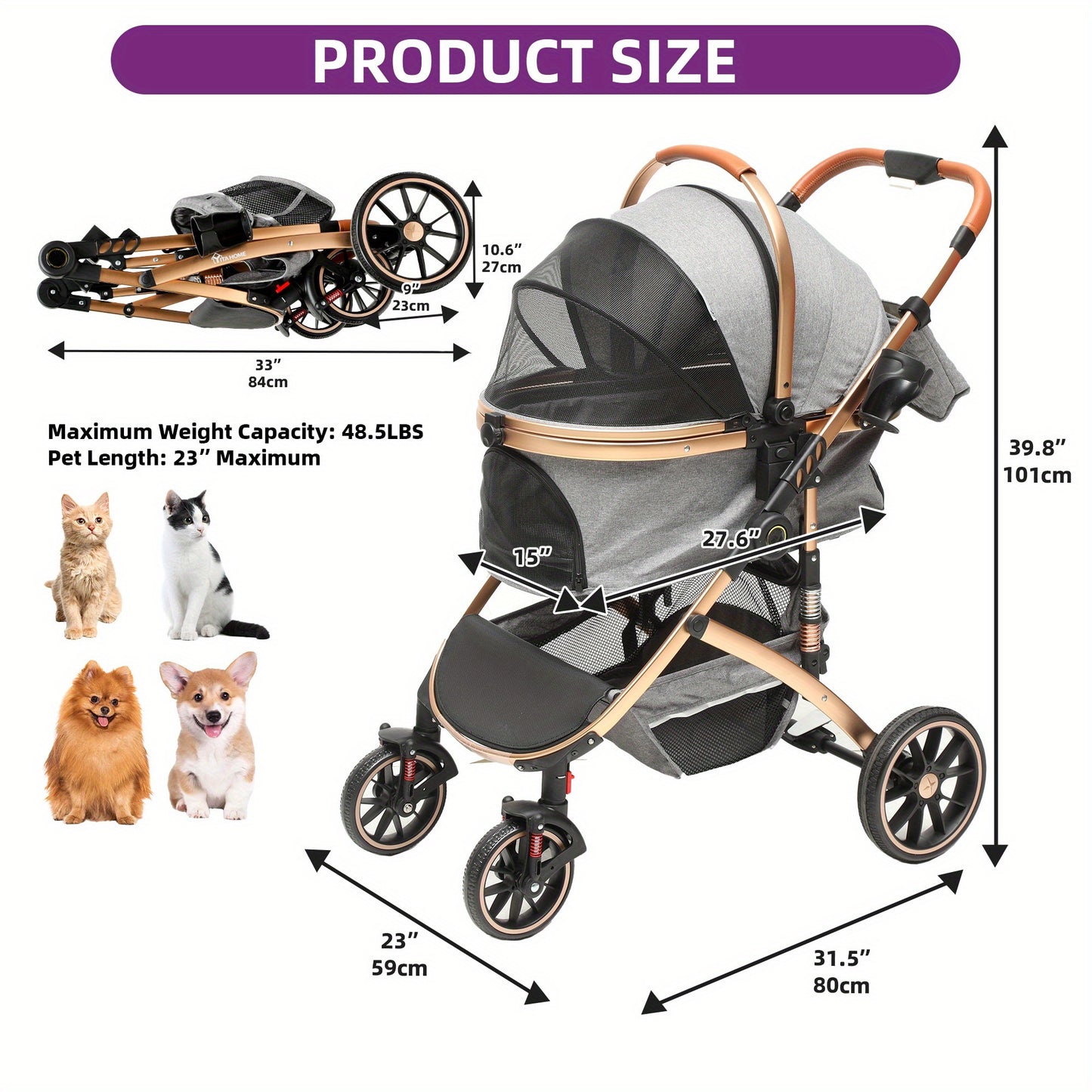 Hondenwagen – Wandelwagen – Autostoeltje – Draagmand – Hondenbuggy – Grijs – Stevig Stalen Frame – Inklapbaar & Met Afneembare Opbergtas