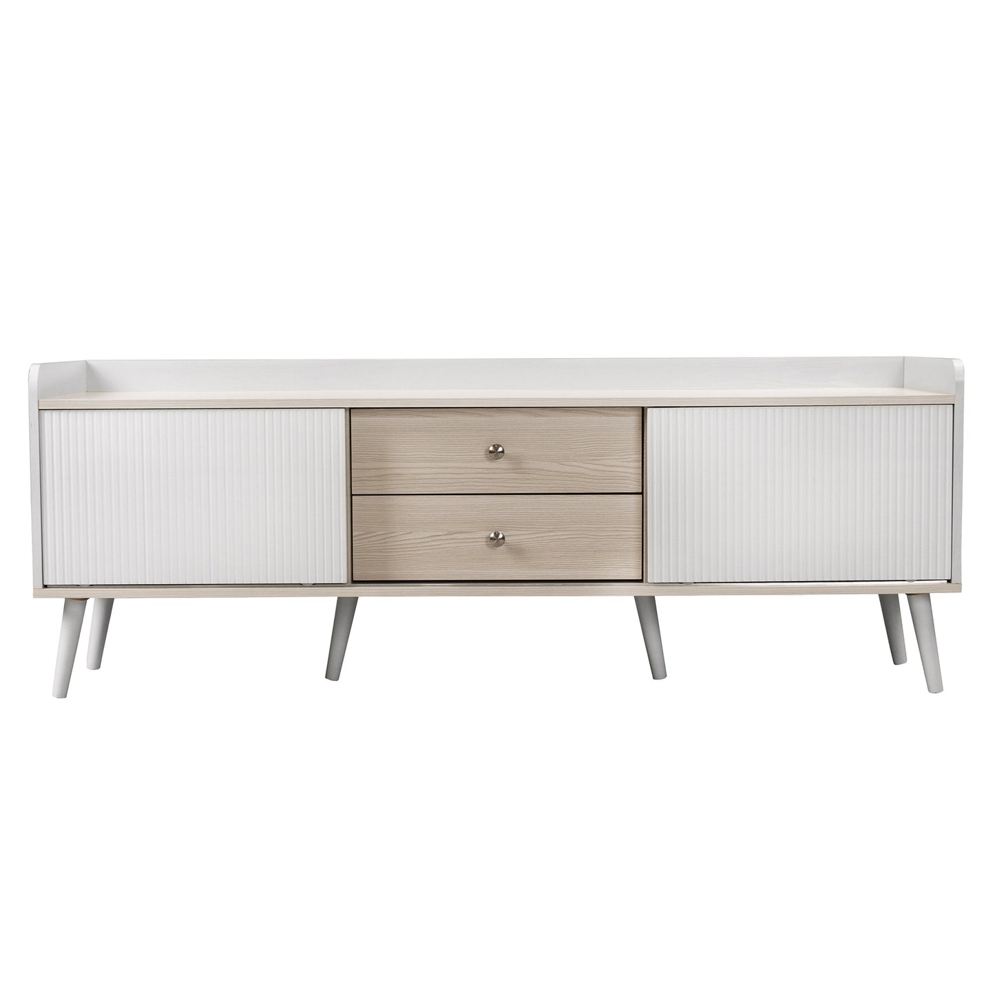 Tv-meubel – Tv-kast – Lowboard – Mediameubel – Tv-dressoir – Wit en Houtlook – 160 cm Breedte – Gestreepte Schuifdeuren met Lades