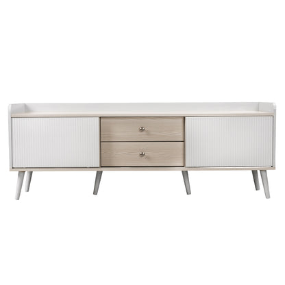 Tv-meubel – Tv-kast – Lowboard – Mediameubel – Tv-dressoir – Wit en Houtlook – 160 cm Breedte – Gestreepte Schuifdeuren met Lades