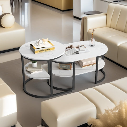 Salontafel Set – Woonkamertafel – Koffietafel – Bijzettafel – Opbergbank – Ronde en Ovale Tafels – Houten Blad met Metaal Frame – Dubbele Opbergruimte
