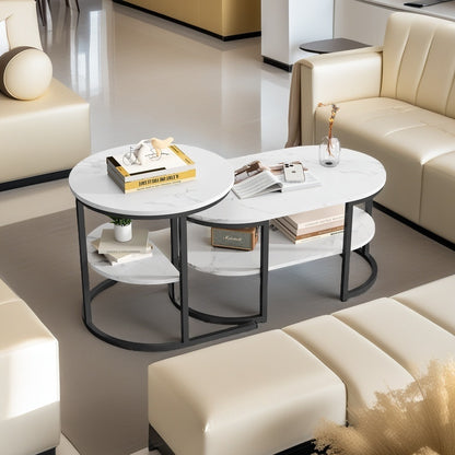 Bijzettafels – Koffietafel – Salontafel – Woonkamertafel – Opbergtafel – Set van 2 Ronde en Ovale Tafels – Houten Blad en Stabiel Metalen Frame