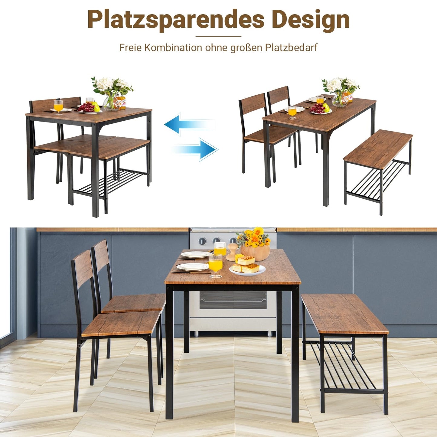 Eettafel Set 4-delig – Keukentafel – Stoelenset – Eetkamertafel – Industrieel Tafeldesign – Metaal Frame – Grote Bank Met Opbergruimte – Bruin