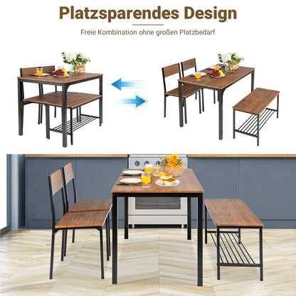 Eettafel Set 4-delig – Keukentafel – Stoelenset – Eetkamertafel – Industrieel Tafeldesign – Metaal Frame – Grote Bank Met Opbergruimte – Bruin